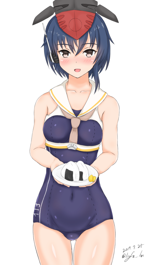 1girl 2017 asymmetrical_hair black_hair brown_eyes cowboy_shot dated food framed_breasts hair_between_eyes hat headphones i-13_(kantai_collection) kantai_collection linfa_lm looking_at_viewer onigiri open_mouth plate sailor_collar school_swimsuit short_hair signature simple_background swimsuit white_background