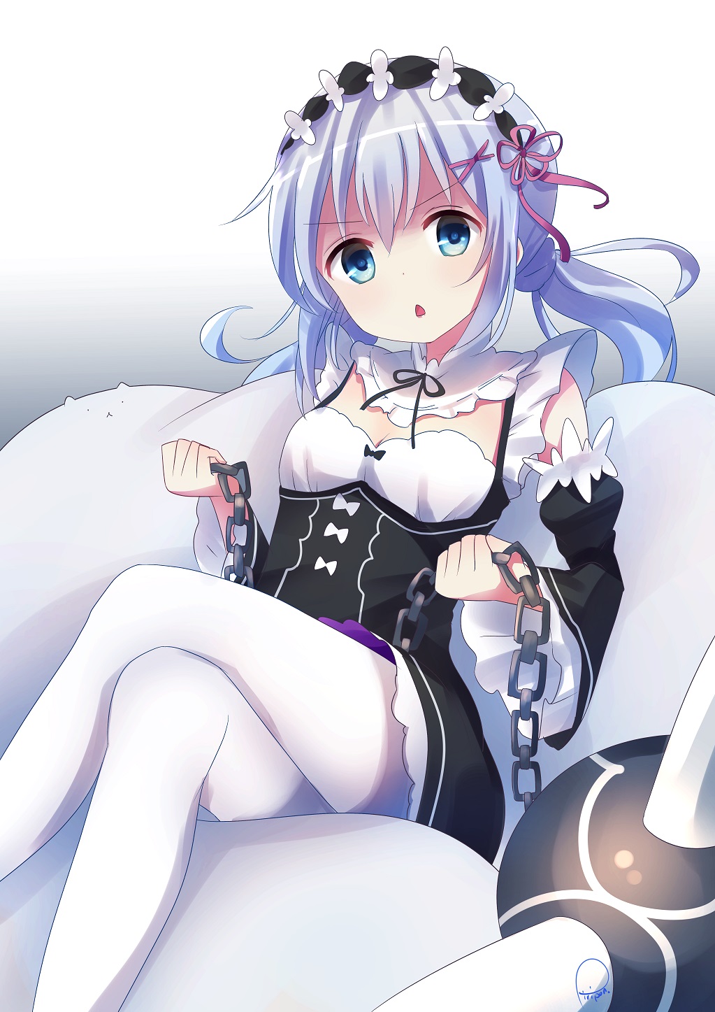 &gt;:o 1girl :o angora_rabbit animal black_dress black_ribbon blue_eyes blue_hair blush breasts chains chestnut_mouth cleavage cosplay detached_sleeves dress gochuumon_wa_usagi_desu_ka? grey_background hair_ornament hairband hairclip head_tilt highres holding kafuu_chino legs_crossed long_hair long_sleeves looking_at_viewer low_twintails maid minase_inori open_mouth pantyhose piripun rabbit re:zero_kara_hajimeru_isekai_seikatsu red_ribbon rem_(re:zero) rem_(re:zero)_(cosplay) ribbon seiyuu_connection shaded_face signature simple_background small_breasts solo tareme tippy_(gochiusa) twintails white_legwear x_hair_ornament