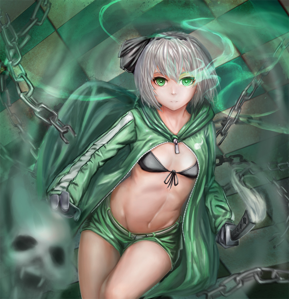 1girl adapted_costume bangs black_bikini_top black_ribbon breasts chains cowboy_shot glowing glowing_eye green_eyes groin hair_ribbon hairband hitodama holding holding_sword holding_weapon hood hooded_jacket jacket katana konpaku_youmu long_sleeves looking_at_viewer navel open_clothes open_jacket parted_lips ribbon short_hair short_shorts shorts silver_hair small_breasts solo stomach sword touhou wc3215410 weapon