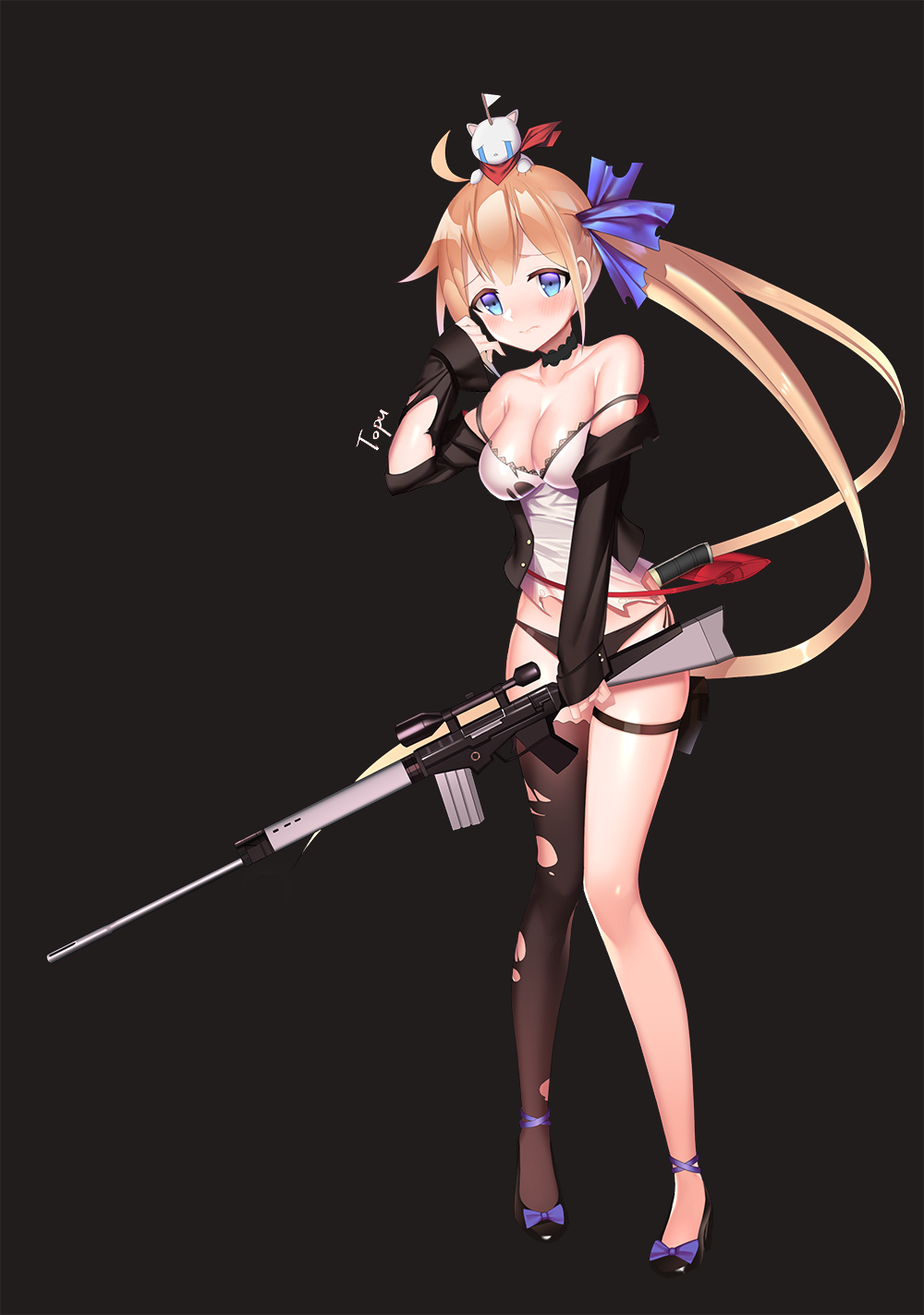 1girl ahoge bare_shoulders battle_rifle black_background black_choker black_panties black_shoes blonde_hair blue_bow blue_eyes blush bow breasts brown_legwear choker cleavage detached_sleeves fal_(girls_frontline) fn_fal full_body girls_frontline gun hair_bow hair_ribbon hand_to_head hand_up high_heels highres holster knife kukri long_hair long_sleeves looking_at_viewer medium_breasts panties pet rifle scope shoe_bow shoes side_ponytail simple_background single_thighhigh solo standing strap_slip thigh-highs thigh_holster thigh_strap torn_clothes torn_thighhighs tttanggvl underwear very_long_hair weapon