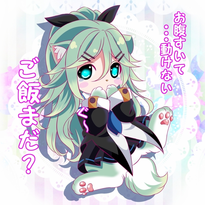 1girl aka_kitsune animal_ears blush_stickers chibi detached_sleeves dog_ears dog_tail green_eyes green_hair hair_ornament hair_ribbon hairclip kantai_collection kemonomimi_mode long_hair looking_at_viewer paws ribbon school_uniform serafuku simple_background solo tail tears translation_request white_background yamakaze_(kantai_collection)