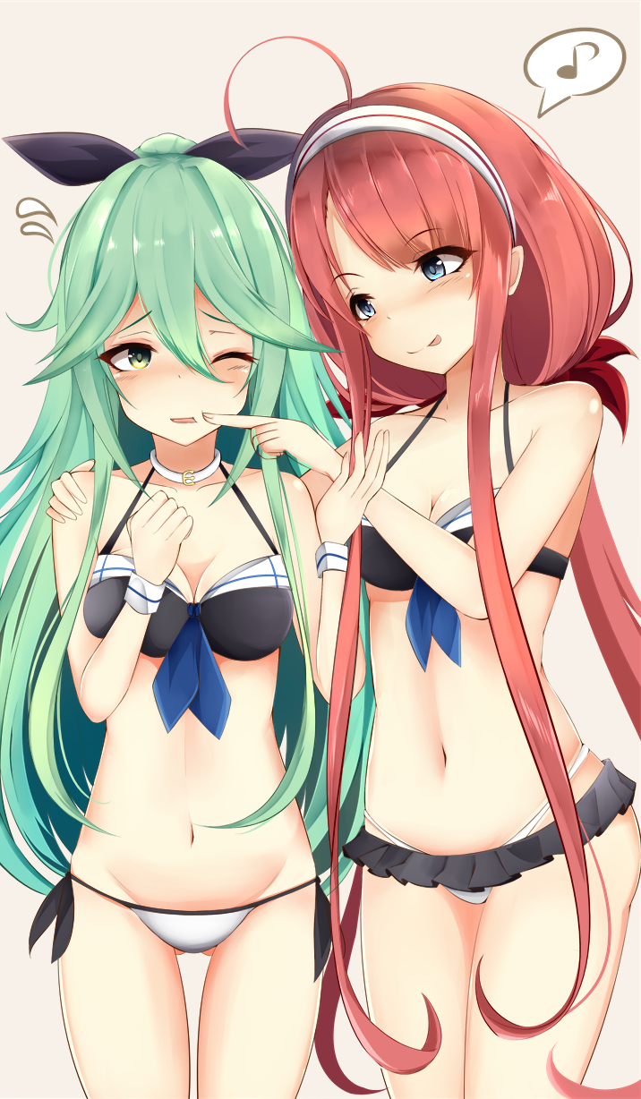 2girls :p ;o adapted_costume ahoge bikini bow breasts cain_(inosennto007) cheek_poking choker cleavage collarbone commentary_request flying_sweatdrops green_eyes green_hair grey_eyes hair_bow hair_ornament hair_ribbon hairclip highres kantai_collection kawakaze_(kantai_collection) long_hair looking_at_viewer low_twintails multiple_girls musical_note navel one_eye_closed poking redhead ribbon simple_background smile spoken_musical_note swimsuit tongue tongue_out twintails yamakaze_(kantai_collection)