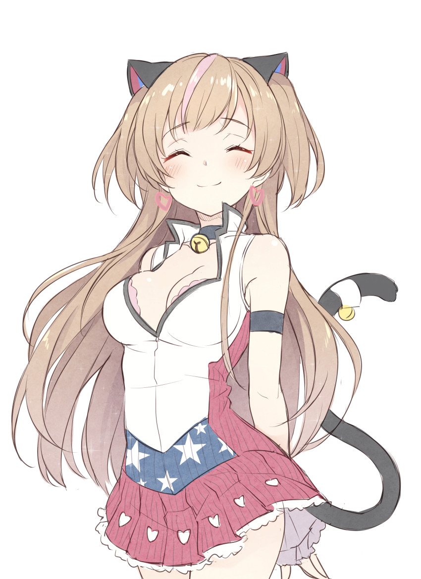 1girl 3.14 ^_^ animal_ears bangs bell bell_collar blush breasts cat_ears cat_tail cleavage closed_eyes closed_mouth collar cowboy_shot earrings eyebrows_visible_through_hair girls_frontline heart heart_earrings heart_print highlights jewelry jingle_bell long_hair medium_breasts mk_23_(girls_frontline) multicolored_hair pink_hair pleated_skirt purple_skirt simple_background skirt smile solo tail tail_bell two_side_up white_background
