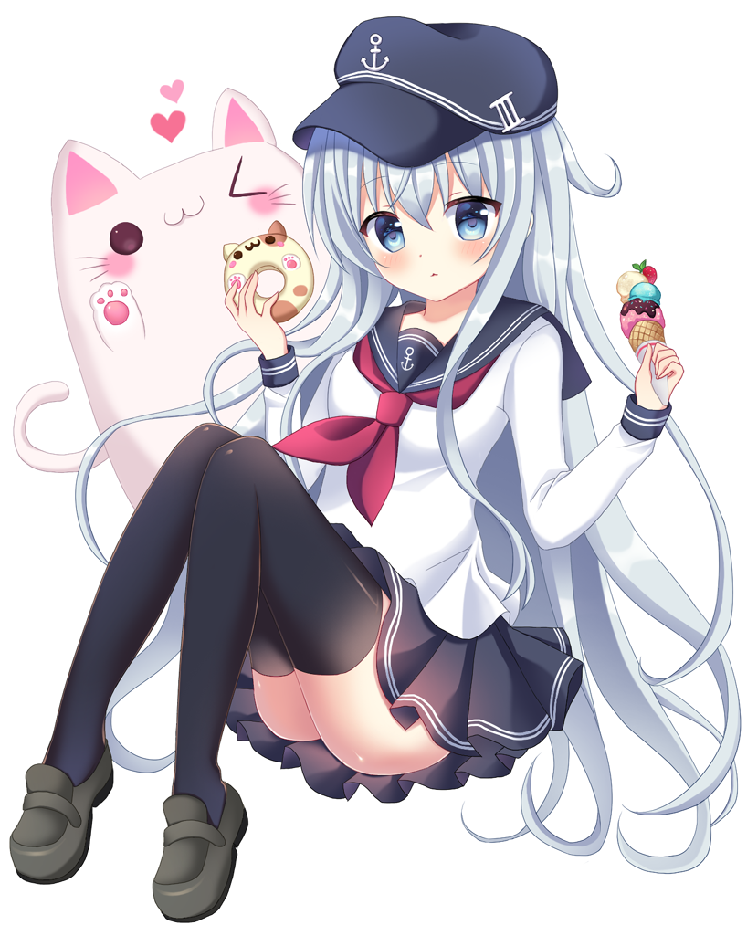 1girl bangs black_legwear black_shoes black_skirt blue_eyes blush cat closed_mouth doughnut eyebrows_visible_through_hair flat_cap food hair_between_eyes hands_up hat heart hibiki_(kantai_collection) holding holding_food ice_cream ice_cream_cone kantai_collection knees_together_feet_apart loafers long_hair long_sleeves looking_at_viewer mayo_(miyusa) parted_lips pleated_skirt school_uniform serafuku shoes silver_hair simple_background sitting skirt smile solo thigh-highs very_long_hair white_background