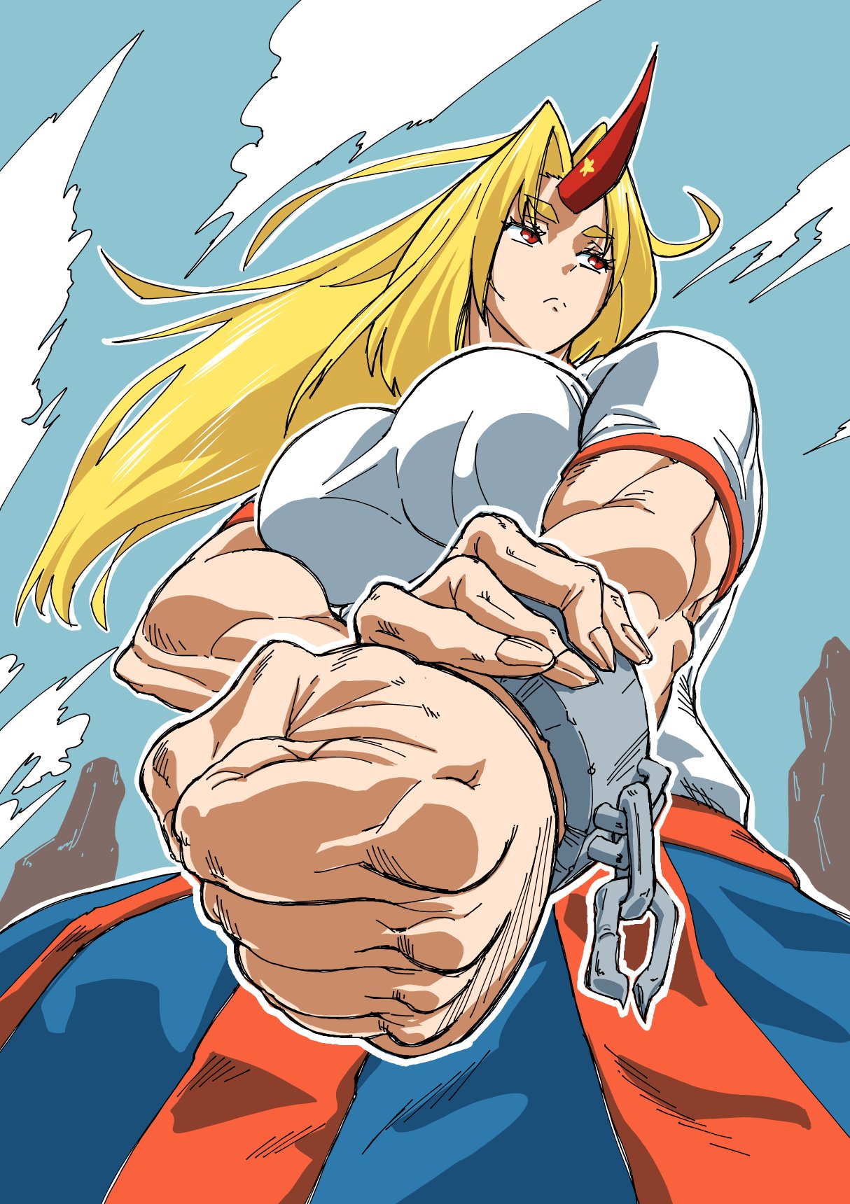 1girl blonde_hair breasts clenched_hand clouds cloudy_sky commentary_request cuffs fingernails from_below frown highres horn hoshiguma_yuugi jackasss large_breasts long_hair looking_to_the_side muscle muscular_female oni pleated_skirt red_eyes shackles skirt sky solo star thick_eyebrows touhou wind wind_lift