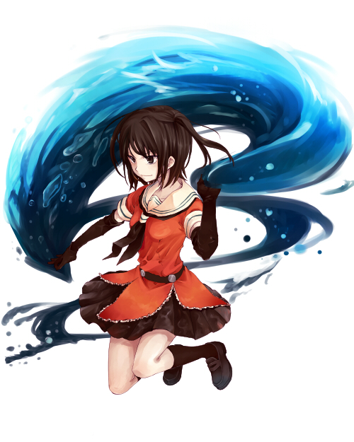 1girl belt black_gloves black_legwear black_neckerchief brown_eyes brown_hair bubble closed_mouth collarbone elbow_gloves floating full_body gloves hair_between_eyes ichinashi kantai_collection kneehighs legs_up long_hair looking_to_the_side neckerchief pleated_skirt school_uniform sendai_(kantai_collection) shoes short_sleeves simple_background skirt smile solo two_side_up water white_background