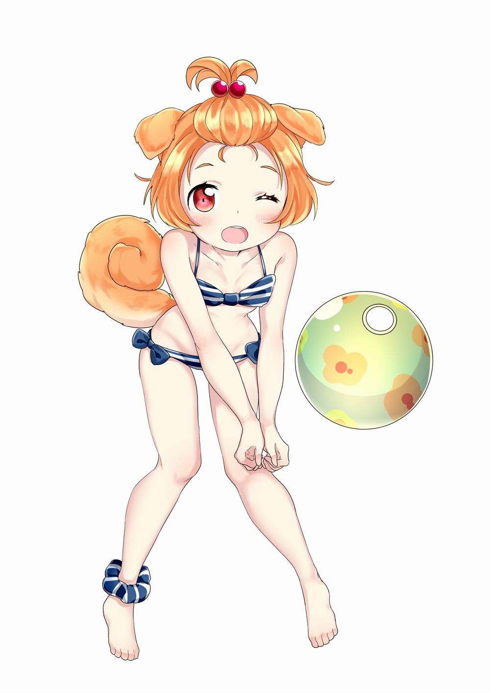 1girl ;d animal_ears ball bangs_pinned_back barefoot beachball bikini blue_bikini collarbone dog_ears dog_tail flat_chest forehead full_body hair_bobbles hair_ornament highres one_eye_closed open_mouth orange_hair original red_eyes short_hair simple_background smile solo standing striped striped_bikini suzuki_moeko swimsuit tail teeth topknot white_background white_bikini