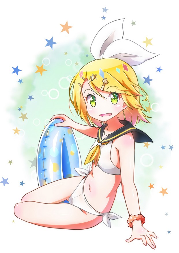 1girl bare_arms bare_legs bikini blonde_hair bracelet fuusen_neko green_eyes hair_ribbon innertube jewelry kagamine_rin leaning_to_the_side looking_at_viewer midriff navel open_mouth ribbon sailor_bikini sailor_collar seashell shell short_hair sitting smile solo star starry_background swimsuit vocaloid yokozuwari