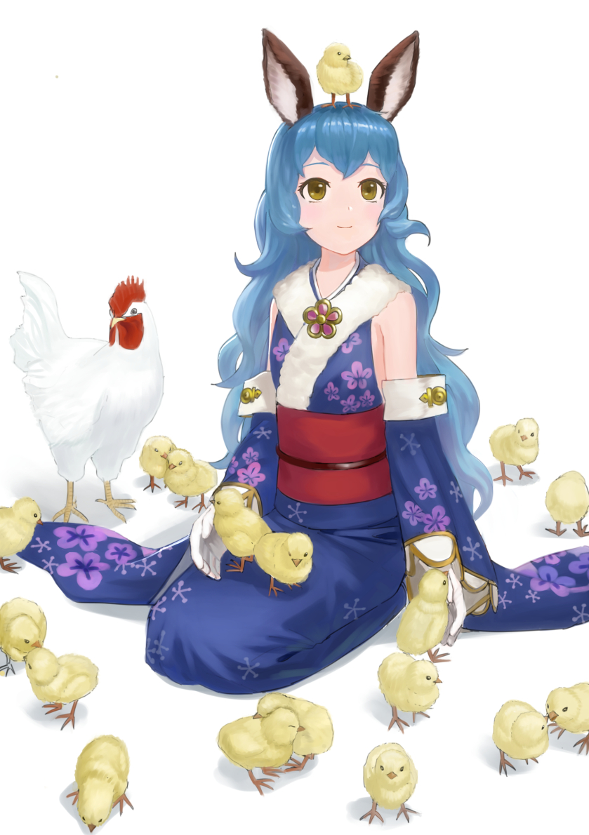 1girl animal_ears bangs bare_shoulders bird blue_hair blue_kimono brown_eyes chick chick_on_head chicken ferry_(granblue_fantasy) floral_print flower_ornament granblue_fantasy japanese_clothes kimono long_hair looking_up new_year rooster seiza simple_background sitting smile very_long_hair very_long_sleeves wasabi60 white_background year_of_the_rooster