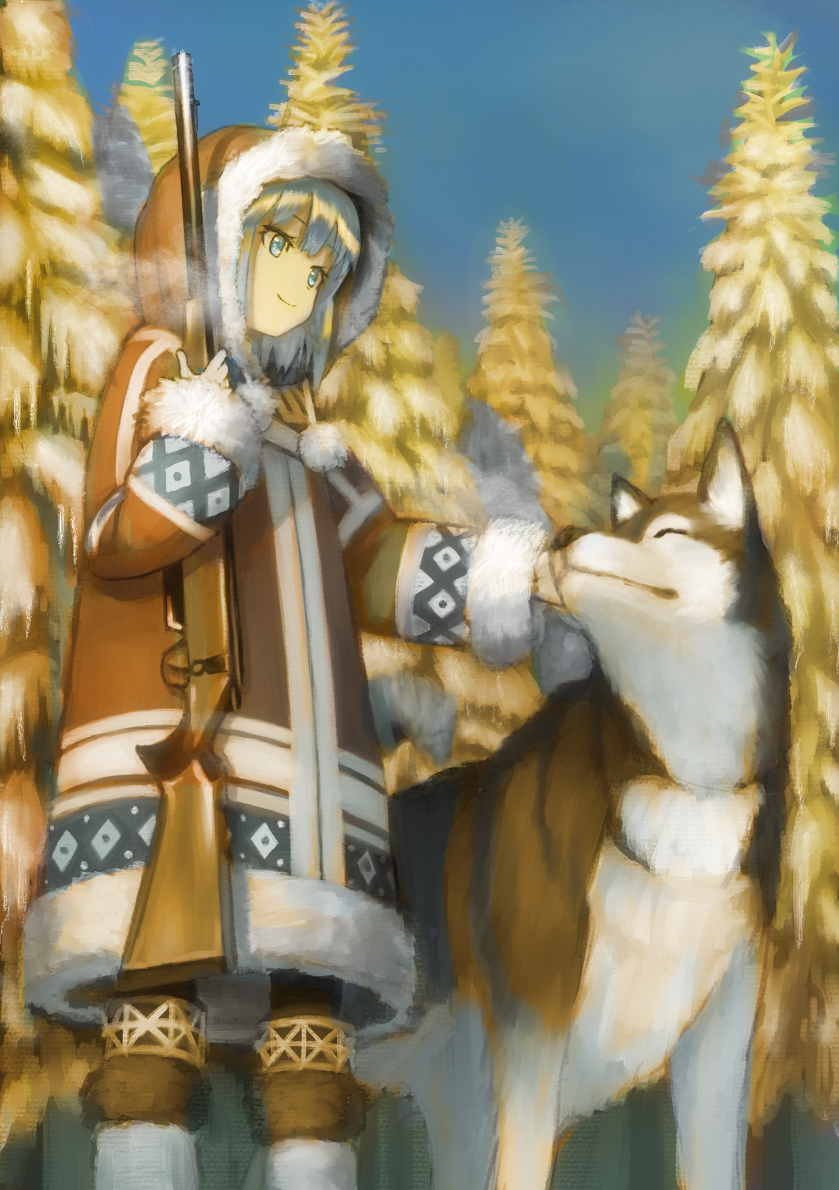 1girl bangs blue_eyes blue_hair blue_sky commentary_request cowboy_shot day dog forest gun holding holding_gun holding_weapon hood husky looking_at_another nature original puffy_sleeves rifle short_hair sky smile tree wasabi60 weapon winter winter_clothes