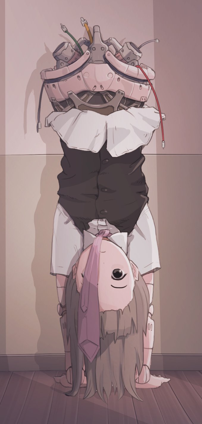 1girl android black_eyes black_vest bottomless brown_hair buttons female handstand highres indoors mechanical_parts missing_limb necktie original pink_necktie robot_joints shirt short_sleeves solo sukabu upside-down vest wall white_shirt wooden_floor