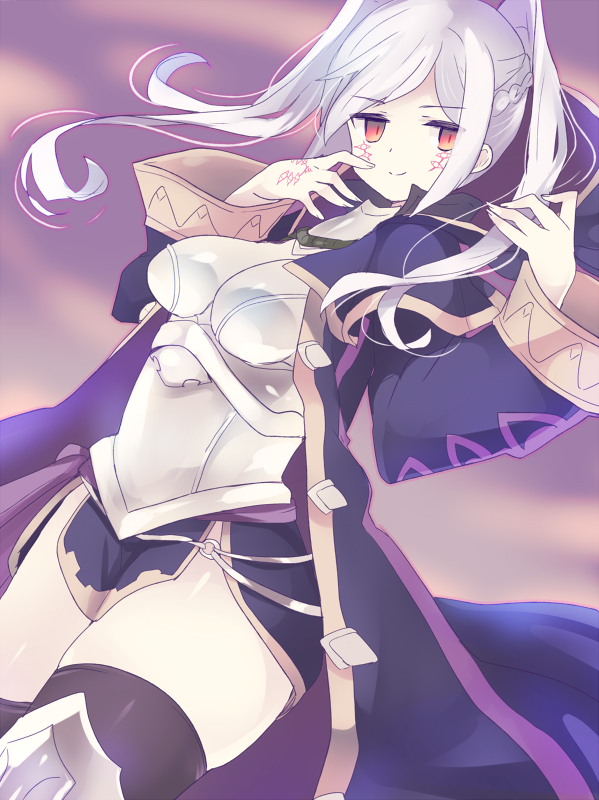 1girl female_my_unit_(fire_emblem:_kakusei) fire_emblem fire_emblem:_kakusei my_unit_(fire_emblem:_kakusei) purple_sky robe smile solo thick_thighs twintails white_hair