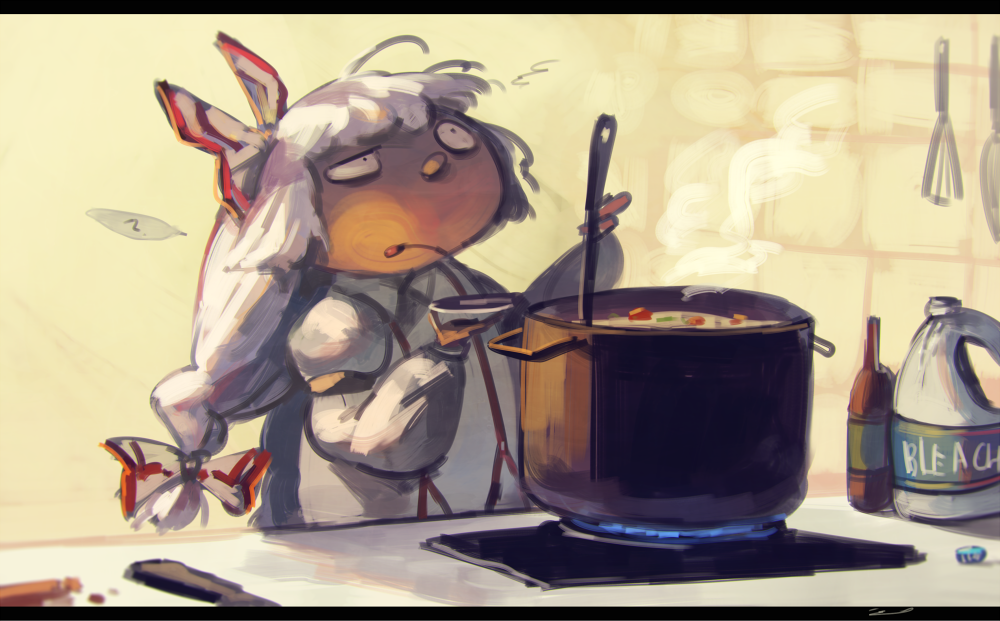 1girl bleach_(chemical) bow commentary cooking food fujiwara_no_mokou hair_bow kitchen koto_inari long_hair ofuda pot ribbon shirt solo soup steam stove suspenders touhou white_hair