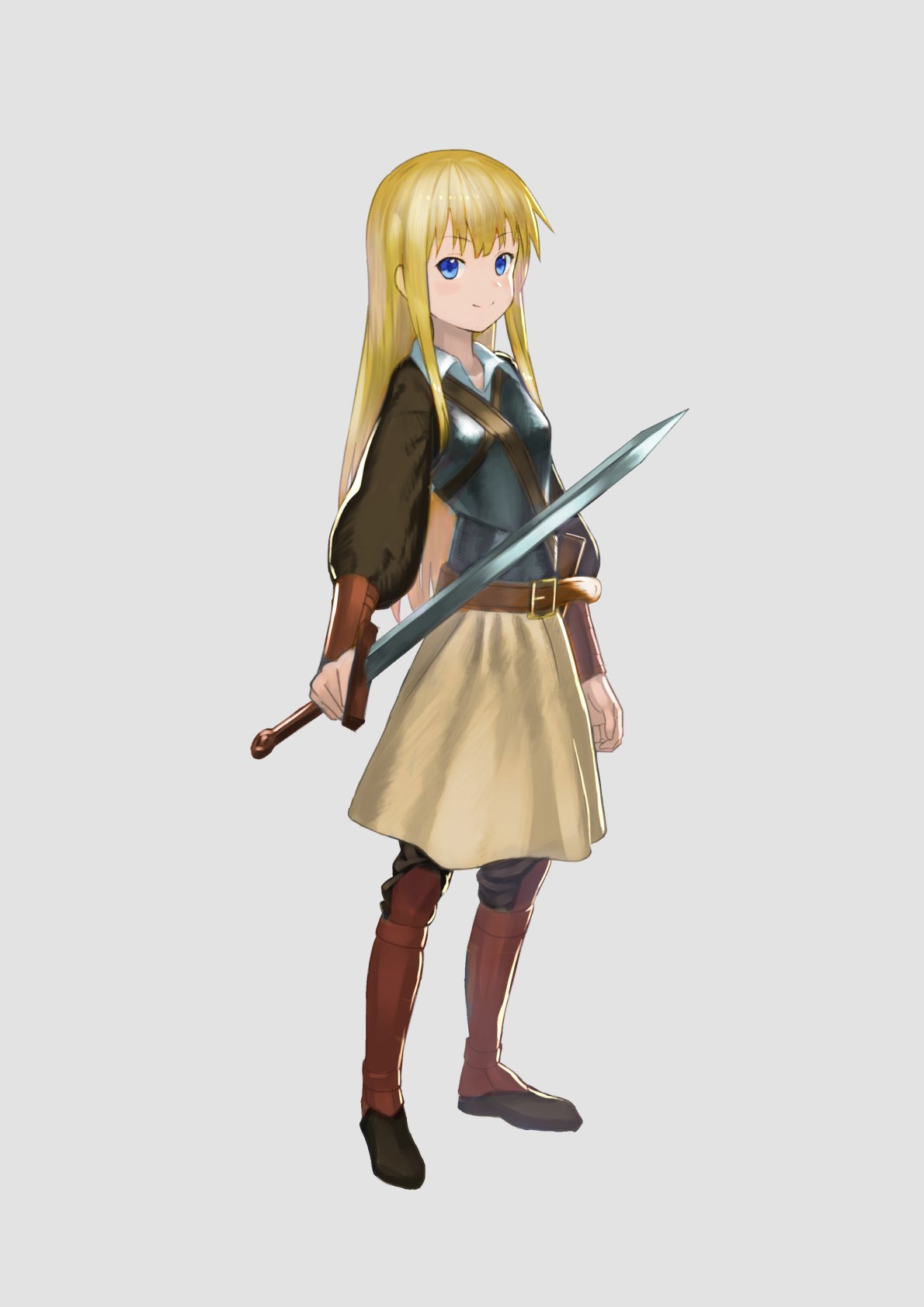 1girl bangs blonde_hair blue_eyes breastplate commentary_request eyebrows_visible_through_hair grey_background highres holding holding_sword holding_weapon leather_belt leg_armor long_hair looking_at_viewer original simple_background skirt smile solo standing strap sword wasabi60 weapon yellow_skirt