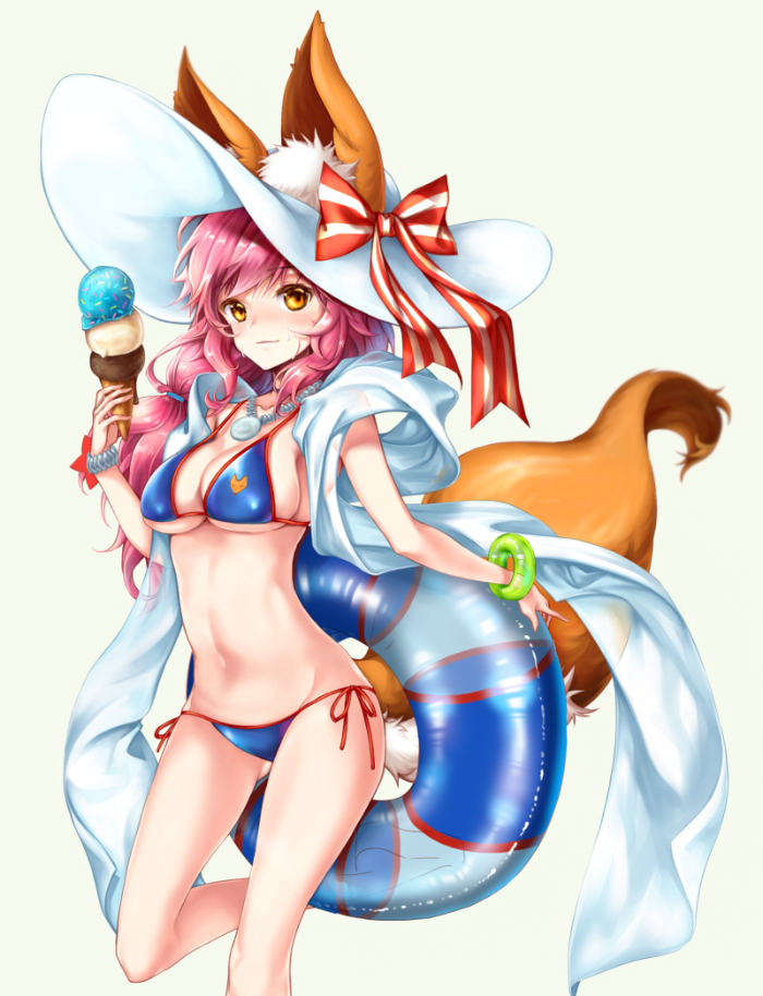 1girl animal_ears bikini blue_bikini blush breasts cleavage ears_through_headwear fate/grand_order fate_(series) food fox_ears fox_tail groin hair_ribbon hat ice_cream innertube large_breasts long_hair looking_at_viewer navel pink_hair ribbon solo sonabi_(misty_alice) swimsuit tail tamamo_(fate)_(all) tamamo_no_mae_(swimsuit_lancer)_(fate) yellow_eyes