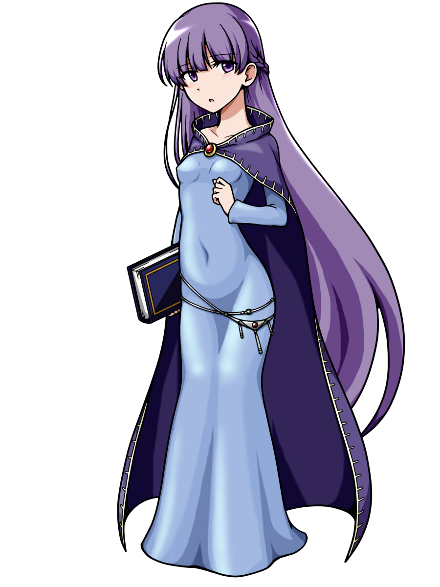 1girl artist_request belly_chain blue_dress blush book cape cloak covered_navel dress fire_emblem fire_emblem:_fuuin_no_tsurugi highres jewelry long_hair open_mouth purple_hair simple_background skin_tight sofiya solo very_long_hair violet_eyes white_background
