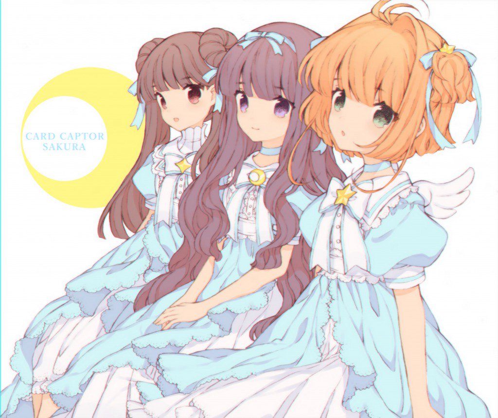 3girls bangs black_hair blue_eyes blush brown_hair card_captor_sakura daidouji_tomoyo dress green_eyes hairband kinomoto_sakura li_meiling long_hair multiple_girls short_hair smile violet_eyes yasiromann