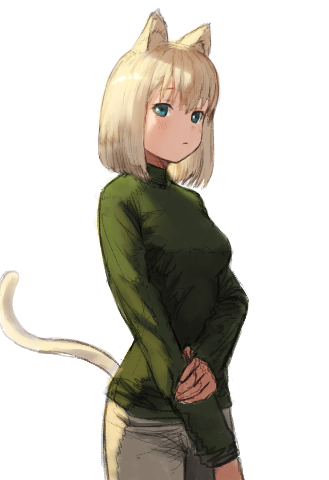 1girl animal_ears blonde_hair blue_eyes breasts cat_ears cat_girl cat_tail cowboy_shot from_side green_sweater hand_on_arm looking_at_viewer medium_breasts original short_hair simple_background solo tail wasabi60 white_background