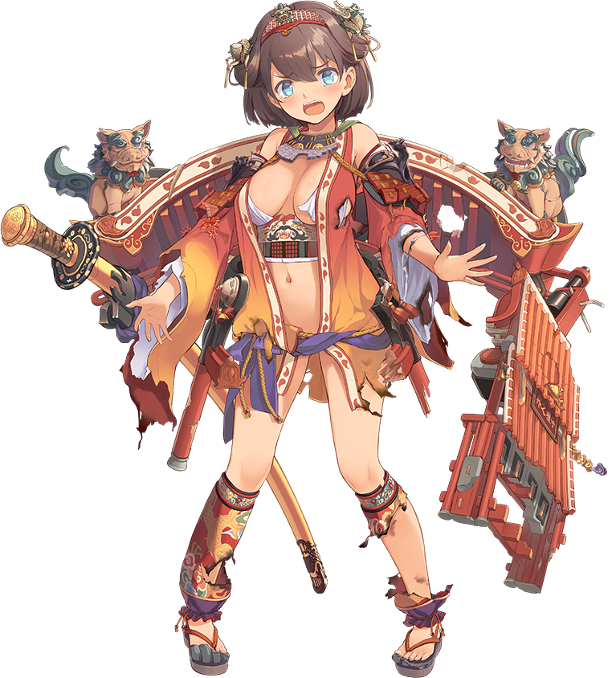 1girl artist_request blue_eyes breasts brown_hair cleavage d: detached_sleeves full_body hairband katana large_breasts official_art open_clothes open_mouth oshiro_project oshiro_project_re short_hair shuri_(oshiro_project) sword torn_clothes transparent_background weapon