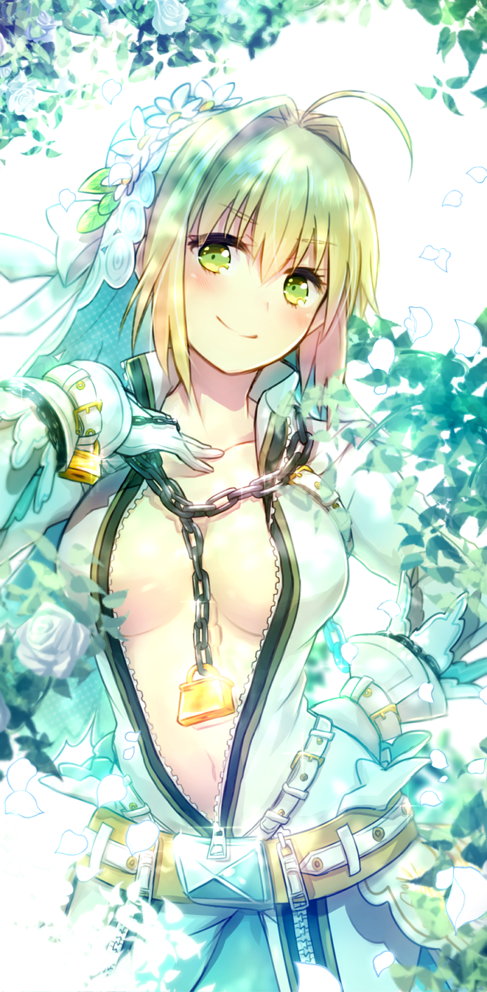 1girl ahoge bangs belt belt_buckle between_breasts blonde_hair blush bodysuit breasts breasts_apart bridal_veil buckle chain_necklace chains closed_mouth collarbone commentary_request cowboy_shot dress eyebrows eyebrows_visible_through_hair fate/extra fate/extra_ccc fate_(series) flower flower_wreath full-length_zipper glint gloves green_eyes hair_bun hair_intakes hand_on_hip hand_on_own_chest hand_up head_wreath highres hips legs_apart leotard lock long_sleeves looking_at_viewer medium_breasts padlock padlocked_collar petals saber_bride saber_extra shiki_(kurotoshiki) short_hair sidelocks smile solo standing thighs veil waist_cape white_bodysuit white_dress white_flower white_gloves white_leotard zipper zipper_pull_tab