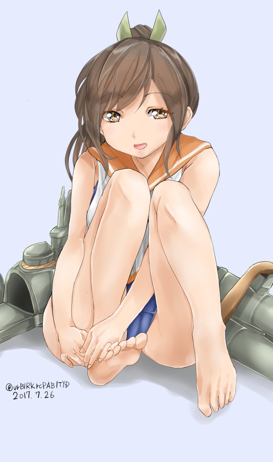 1girl barefoot blue_swimsuit brown_eyes brown_hair feet hair_ornament hairclip hands_on_feet highres i-401_(kantai_collection) kantai_collection looking_at_viewer machinery one-piece_tan orange_sailor_collar ponytail sailor_collar school_swimsuit short_hair short_ponytail sitting solo swimsuit swimsuit_under_clothes tan tanline toes tororo_ten twitter_username