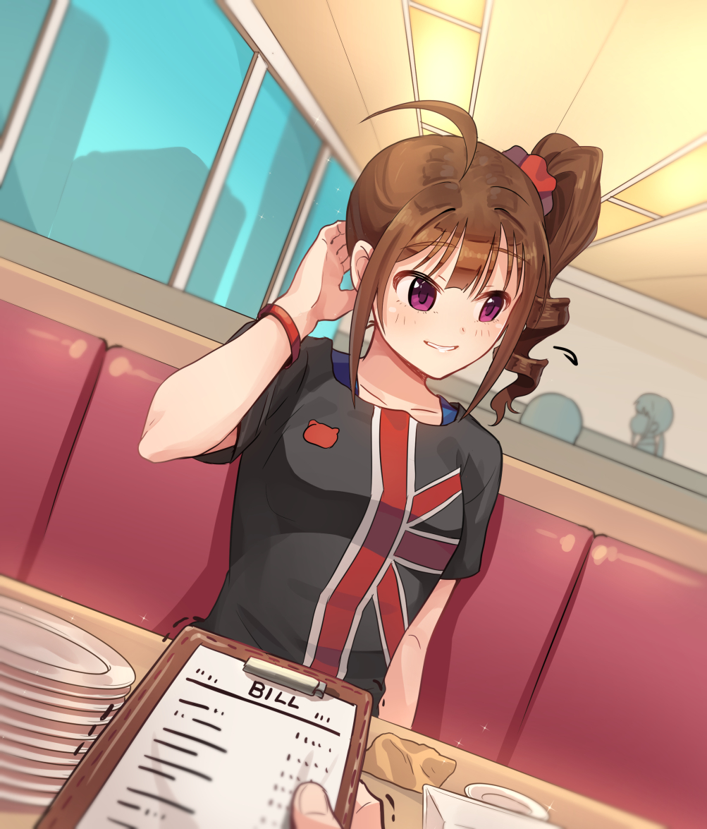 1girl ahoge bangs bill black_shirt breasts brown_hair ceiling clipboard collarbone commentary_request day drill_hair dutch_angle flag_print hair_ornament hair_scrunchie hand_behind_head idolmaster idolmaster_million_live! indoors kamille_(vcx68) lights long_hair looking_to_the_side paper parted_lips plate pov pov_hands print_skirt scrunchie shirt short_sleeves side_ponytail sidelocks sitting skirt small_breasts t-shirt table teeth trembling union_jack violet_eyes wall window wristband yokoyama_nao