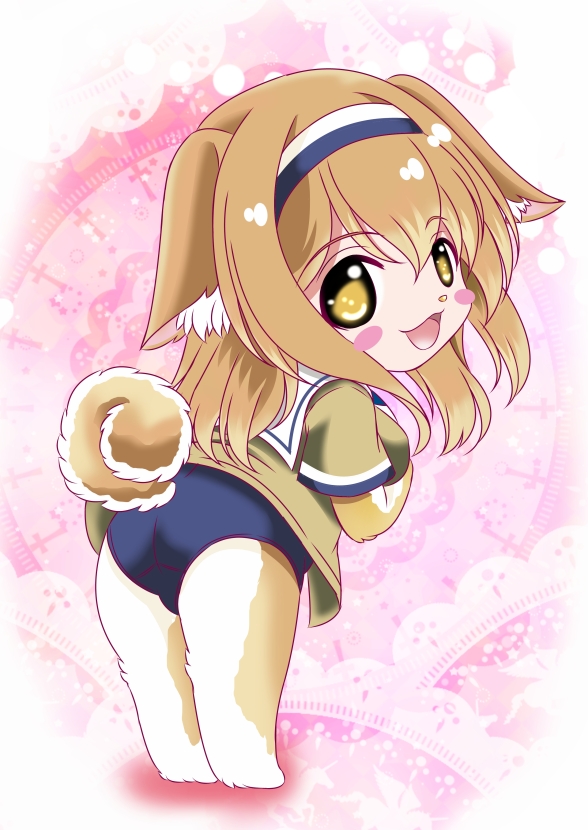 1girl :3 :d aka_kitsune animal_ears ass blush_stickers brown_eyes brown_hair chibi dog_ears dog_tail half-furry i-26_(kantai_collection) jacket kantai_collection kemonomimi_mode long_hair looking_at_viewer open_mouth paws school_swimsuit smile solo swimsuit tail twintails