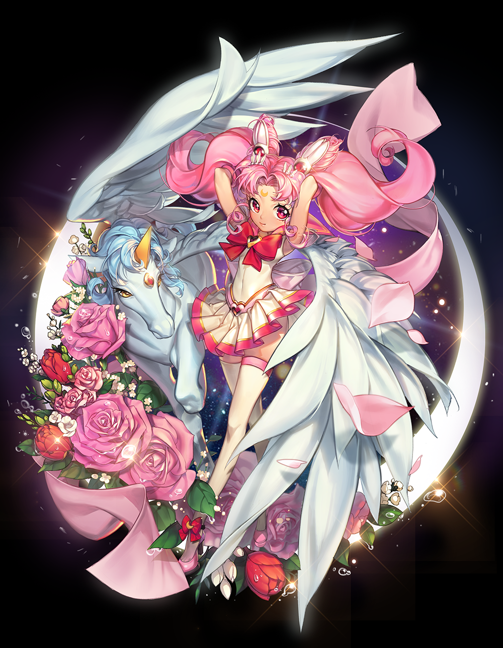 1girl arms_up bishoujo_senshi_sailor_moon bow brooch chibi_usa crescent crescent_moon facial_mark flower forehead_mark full_body hair_ornament hairpin hansum helios_(sailor_moon) high_heels highres horn jewelry moon pegasus pegasus_(sailor_moon) pink_hair pink_rose pink_sailor_collar pink_shoes pleated_skirt red_bow red_eyes red_rose rose sailor_chibi_moon shoes short_hair skirt smile super_sailor_chibi_moon thigh-highs twintails white_legwear white_skirt white_wings wings