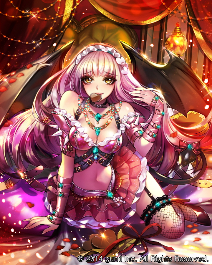 1girl bare_shoulders blush boots breasts chocolate chocolate_heart cleavage closed_mouth company_name demon_tail demon_wings eu_(euspia) eyebrows_visible_through_hair fishnet_legwear fishnets food_in_mouth heart large_breasts long_hair maboroshi_juuhime navel pink_boots pink_hair sideboob smile solo tail thigh-highs thigh_boots torn_clothes torn_thighhighs wings yellow_eyes