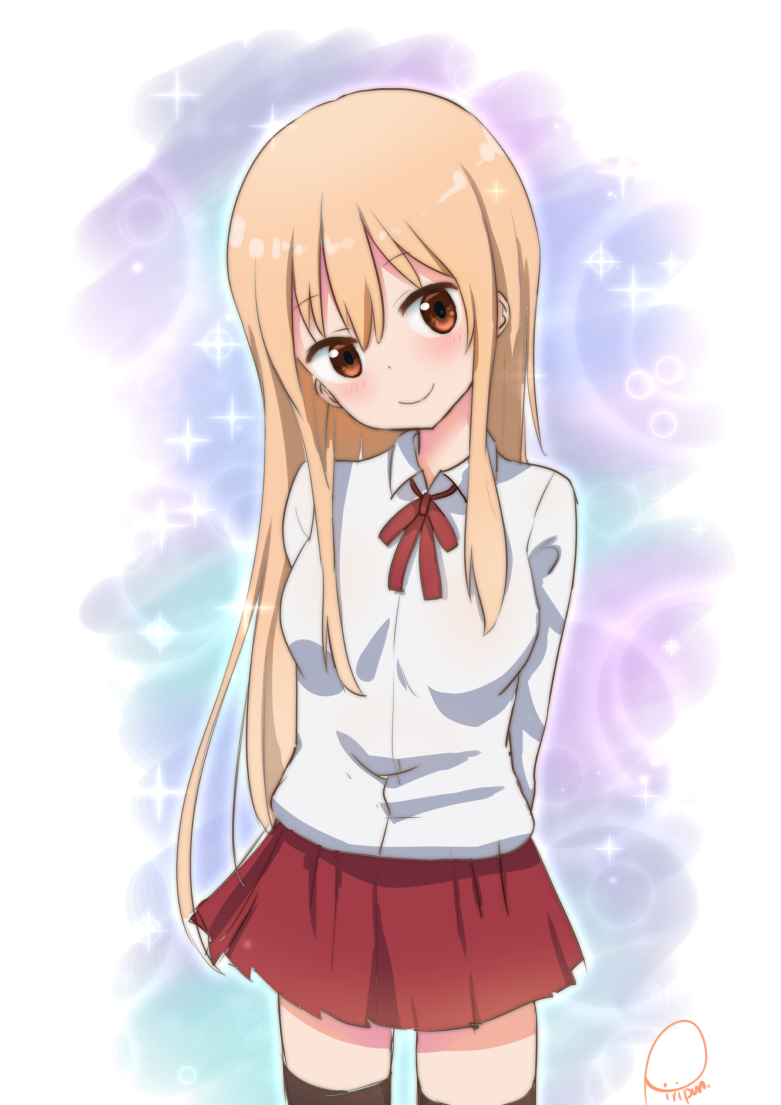 1girl arms_behind_back artist_name bangs black_legwear blonde_hair blush breasts brown_eyes closed_mouth collared_shirt cowboy_shot doma_umaru eyebrows_visible_through_hair hair_between_eyes head_tilt himouto!_umaru-chan long_hair looking_at_viewer medium_breasts miniskirt multicolored multicolored_background neck_ribbon piripun red_ribbon red_skirt ribbon school_uniform serafuku shirt signature skirt smile solo sparkle standing thigh-highs white_shirt wing_collar zettai_ryouiki