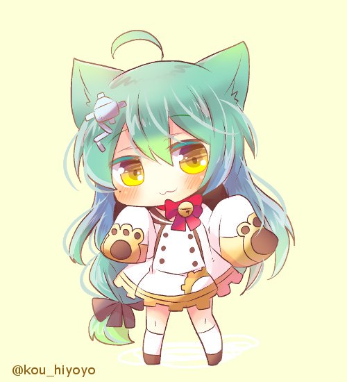 1girl :3 ahoge akashi_(azur_lane) animal_ears azur_lane bell blush bow bowtie cat_ears chibi commentary full_body green_hair hair_ornament jingle_bell kouu_hiyoyo long_hair looking_at_viewer low-tied_long_hair mole mole_under_eye oversized_clothes paw_print sleeves_past_wrists solo standing twitter_username yellow_eyes