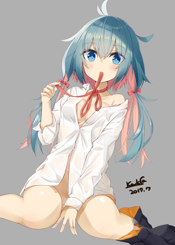 1girl black_skirt blue_eyes blue_hair blush bow breasts cleavage collarbone dated hair_bow hair_ribbon kavka long_hair looking_at_viewer medium_breasts multicolored_hair original pink_hair red_bow red_ribbon ribbon signature sitting skirt skirt_removed solo twintails wariza