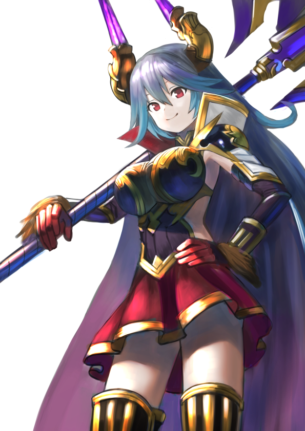 1girl bangs blue_hair boobplate cape cowboy_shot gloves granblue_fantasy hair_between_eyes hand_on_hip leg_armor long_hair looking_at_viewer looking_down over_shoulder poleaxe red_eyes red_gloves red_skirt sarasa_(granblue_fantasy) simple_background skirt solo very_long_hair wasabi60 weapon weapon_over_shoulder white_background