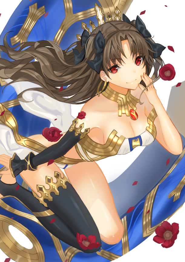 1girl arm arm_at_side armlet asymmetrical_legwear asymmetrical_sleeves bangs bare_arms bare_legs bare_shoulders black_detached_sleeves black_legwear black_ribbon breasts brown_hair cleavage closed_mouth collarbone crown detached_sleeves earrings fate/grand_order fate_(series) female floating_hair flower from_above gem hair_ribbon hand_on_cheek hand_on_face hand_on_own_cheek hand_on_own_face hand_up highres hoop_earrings ishtar_(fate/grand_order) jewelry kneeling legs lloule long_hair looking_at_viewer looking_up medium_breasts midriff neck neck_ring parted_bangs petals red_eyes red_flower revealing_clothes ribbon single_detached_sleeve single_sleeve single_thighhigh smile solo strapless thigh-highs thighlet toeless_legwear tohsaka_rin two_side_up type-moon waist_cape wavy_hair