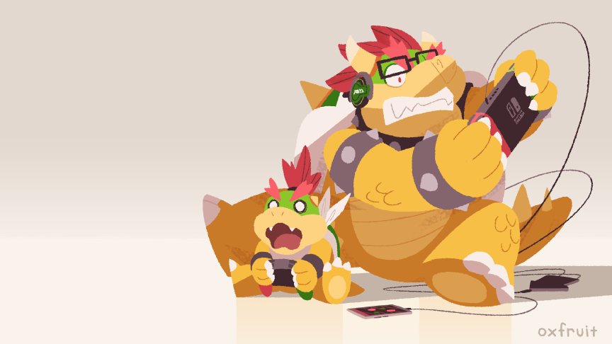 2boys bowser bowser_jr. cellphone claws collar controller fangs game_console gameplay_mechanics glasses handheld_game_console hans_tseng headset horns super_mario_bros. monster_boy multiple_boys nintendo nintendo_switch phone playing_games redhead sitting smartphone spiked_collar spikes super_mario_bros. wire