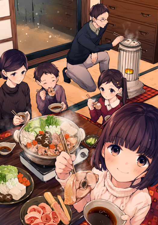 2boys 3girls ^_^ aquariumtama bangs blunt_bangs blush bowl brown_eyes brown_hair chest_of_drawers chopsticks closed_eyes commentary_request eating fish food from_above glasses hair_ornament hairclip heater holding_chopsticks indoors kotatsu long_hair long_sleeves looking_at_viewer multiple_boys multiple_girls mushroom nabe one_knee original pot pov ribbed_sweater short_hair sitting smile soy_sauce star star_hair_ornament steam sweater table tatami tofu turtleneck turtleneck_sweater twintails