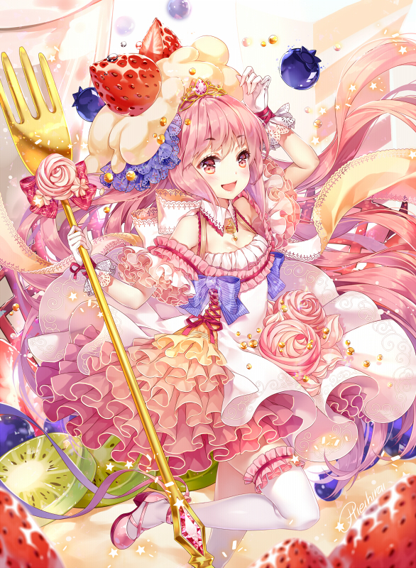 1girl :d arm_up artist_name berries blurry blush bow breasts cleavage commentary cross-laced_clothes depth_of_field detached_collar dress eyebrows_visible_through_hair flower food food_themed_clothes fork frilled_dress frilled_gloves frilled_legwear frills fruit gloves hat hieihirai holding holding_staff kiwi_slice kiwifruit lace lace-trimmed_gloves layered_dress leg_up light_particles long_hair looking_at_viewer magical_girl medium_breasts mob_cap open_mouth original pink_eyes pink_hair pink_shoes shoes short_sleeves smile solo staff star strawberry striped striped_bow thigh-highs tiara very_long_hair white_gloves white_legwear