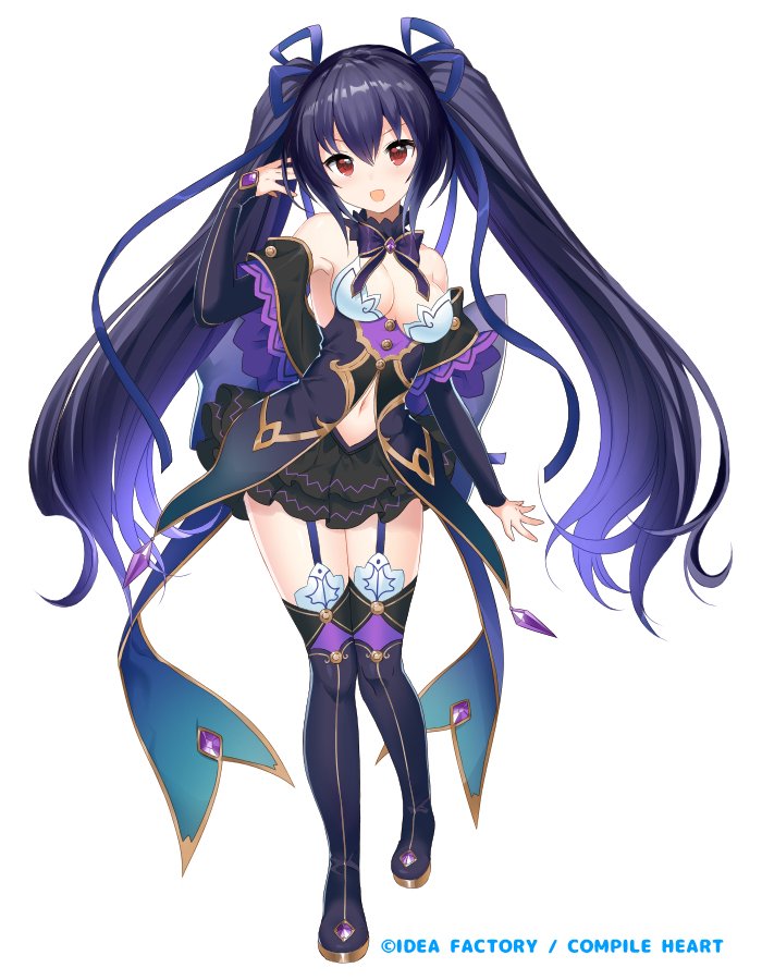 1girl bare_shoulders black_hair blush breasts cleavage hair_ornament long_hair looking_at_viewer neptune_(series) noire official_art red_eyes ribbon smile solo twintails