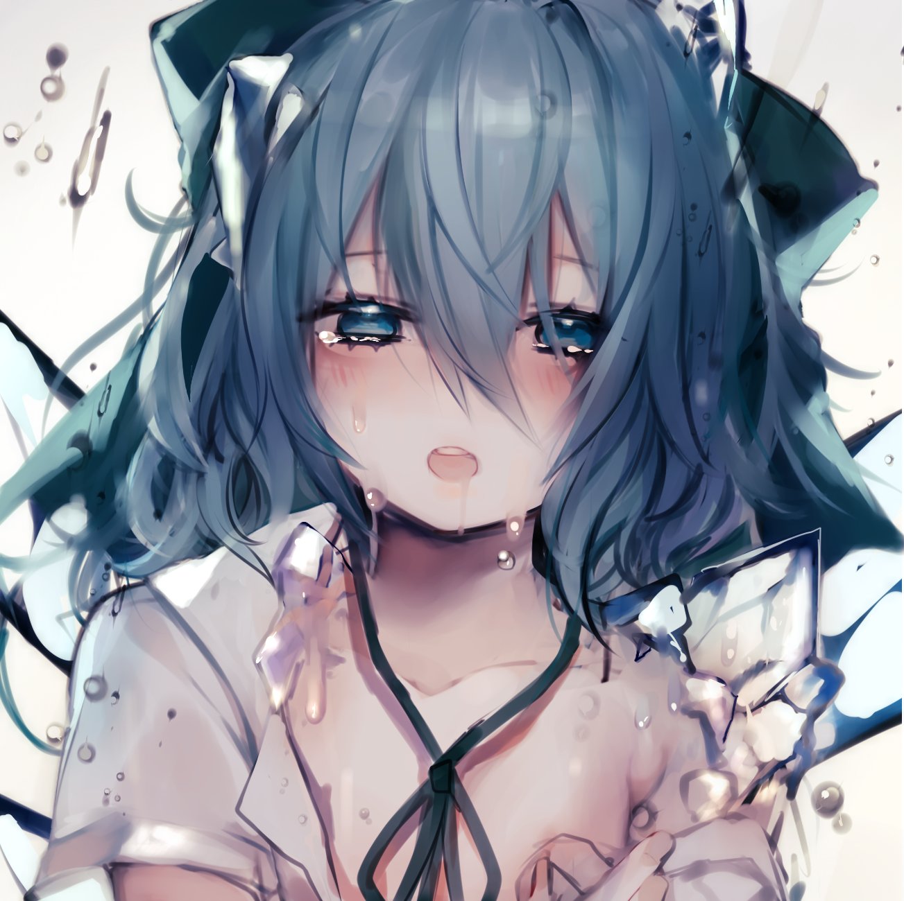 1girl blue_bow blue_eyes blue_hair bow cirno daimaou_ruaeru hair_between_eyes hair_bow highres ice ice_wings melting neck_ribbon ribbon solo touhou upper_body white_background wings