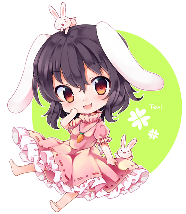 1girl :d animal animal_ears animal_on_head barefoot black_hair blush bunny_tail carrot carrot_necklace character_name chibi dress eyebrows_visible_through_hair frilled_dress frills full_body hand_on_own_cheek inaba_tewi looking_at_viewer on_head open_mouth pink_dress puffy_short_sleeves puffy_sleeves rabbit rabbit_ears red_eyes ribbon-trimmed_clothes ribbon_trim short_sleeves simple_background smile solo tail touhou yukimiya_(parupunta)