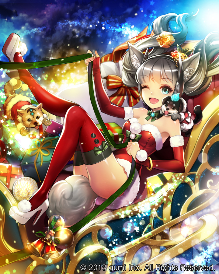 1girl animal_ears bare_shoulders bell blue_eyes blush breasts christmas cleavage dog dog_ears dog_tail eu_(euspia) eyebrows_visible_through_hair gift high_heels long_hair looking_at_viewer maboroshi_juuhime medium_breasts one_eye_closed open_mouth red_legwear silver_hair smile solo tail thigh-highs