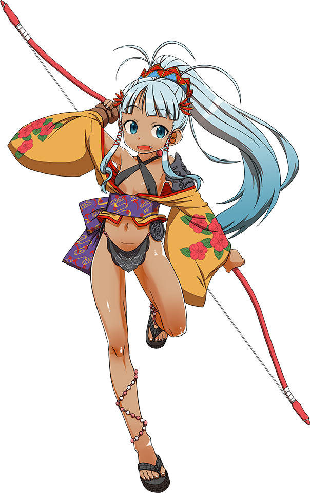 1girl bangs blue_eyes blue_hair blunt_bangs bow_(weapon) breasts dark_skin fang feet full_body gloves holding holding_bow_(weapon) holding_weapon long_hair midriff navel official_art open_mouth oshiro_project oshiro_project_re partly_fingerless_gloves ponytail small_breasts takatsu_keita toes transparent_background urasoe_(oshiro_project) weapon yugake
