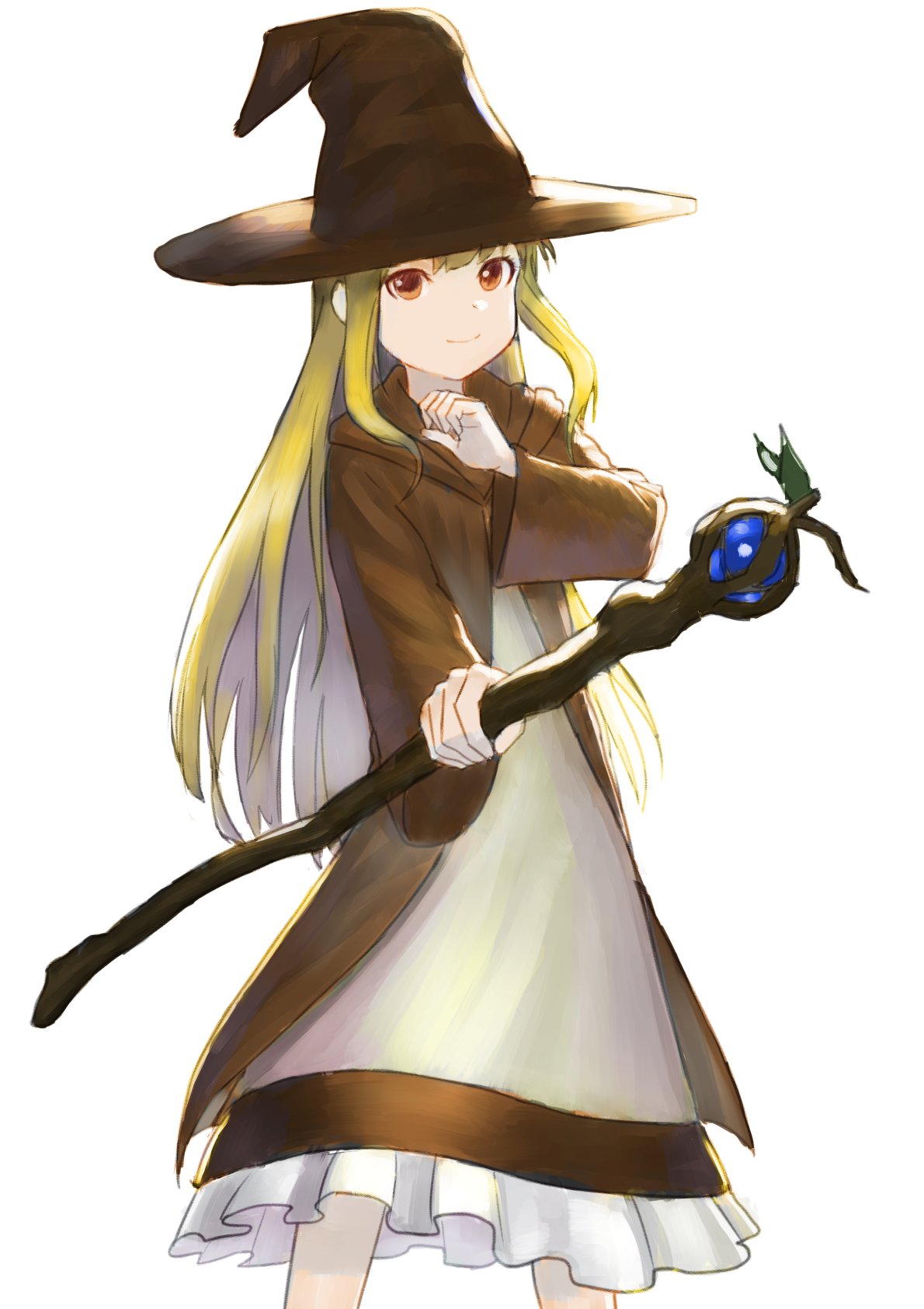 1girl blonde_hair brown_hat brown_rose commentary_request dot_nose feet_out_of_frame frills hat highres holding holding_staff long_hair looking_at_viewer original red_eyes simple_background smile solo staff wasabi60 white_background witch witch_hat