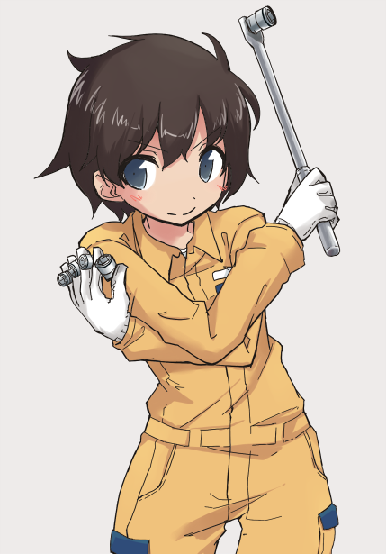 1girl bangs between_fingers blue_eyes brown_hair closed_mouth cowboy_shot crossed_arms girls_und_panzer gloves holding jumpsuit kakizaki_(chou_neji) long_sleeves mechanic nakajima_(girls_und_panzer) orange_jumpsuit shirt short_hair simple_background smile socket_wrench solo standing very_short_hair white_background white_gloves white_shirt