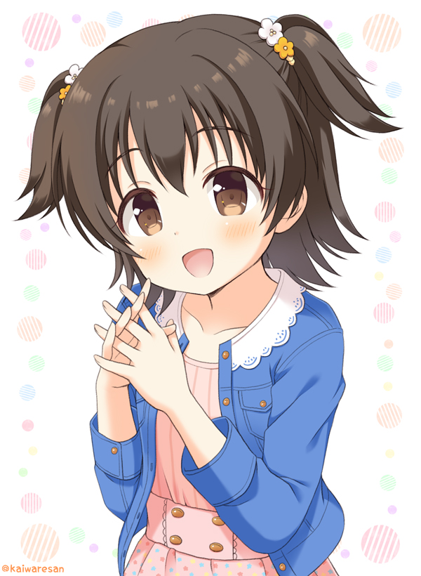 1girl :d akagi_miria bangs black_hair blush breast_pocket brown_eyes collarbone commentary_request denim denim_jacket flat_chest hair_ornament hands_together head_tilt high-waist_skirt idolmaster idolmaster_cinderella_girls idolmaster_cinderella_girls_starlight_stage interlocked_fingers kaiware-san lace_trim long_sleeves looking_at_viewer multicolored multicolored_background open_mouth pink_shirt pink_skirt pocket print_skirt shirt short_hair skirt smile solo star star_print twitter_username two_side_up upper_body