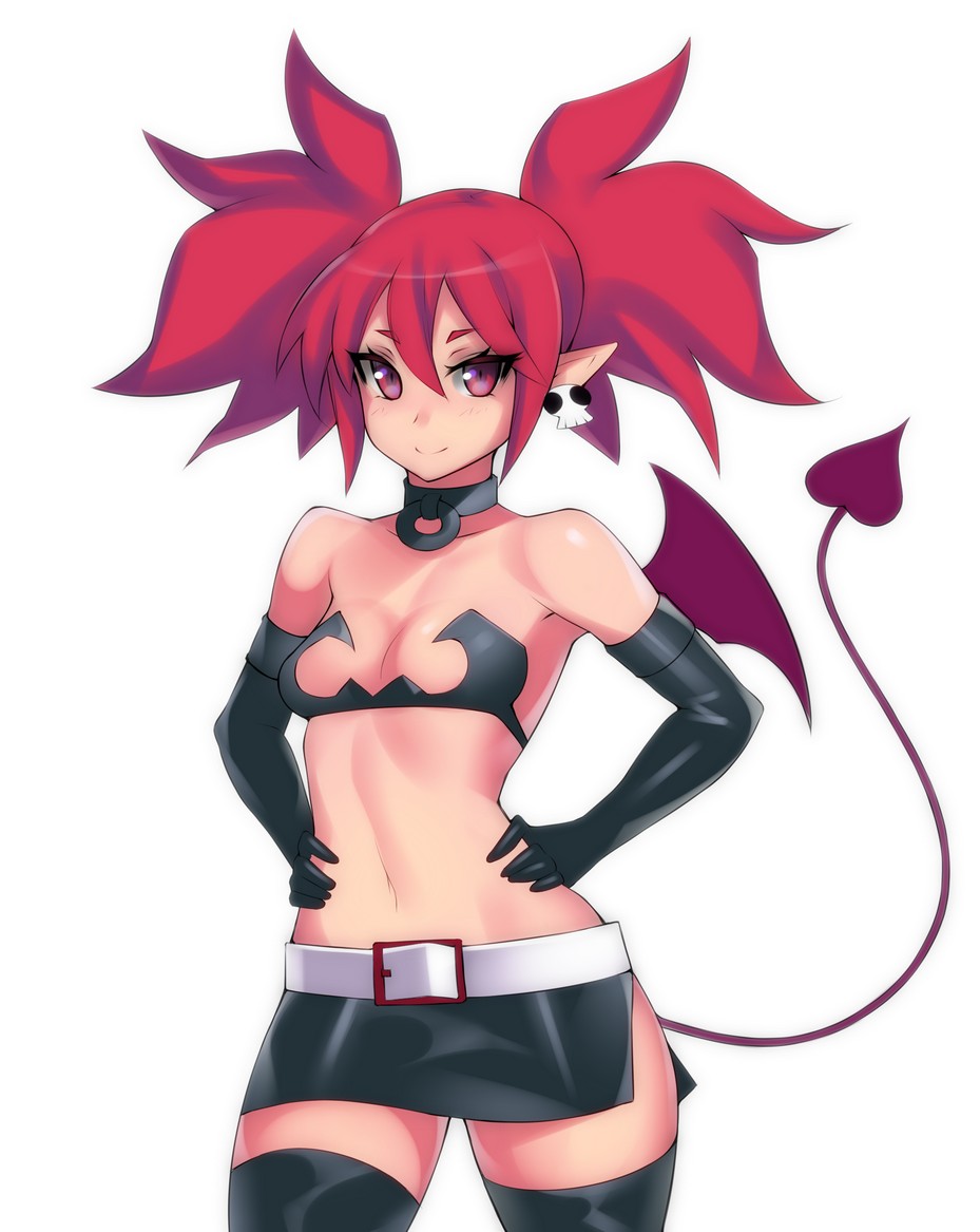1girl alternate_breast_size breasts choker demon_girl demon_tail demon_wings disgaea earrings elbow_gloves etna gloves hands_on_hips hevn jewelry leather leather_gloves looking_at_viewer midriff miniskirt navel red_eyes redhead short_eyebrows skirt skull_earrings small_breasts smile solo tail thigh-highs twintails wings