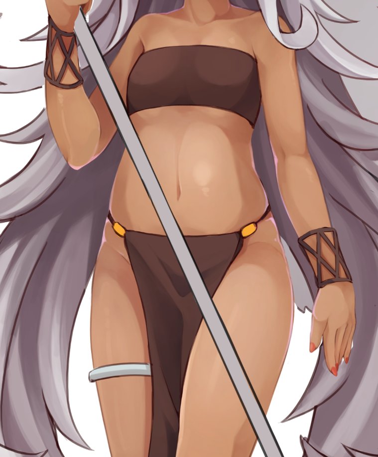 1girl 3.14 bandeau bare_shoulders breasts collarbone copyright_request dark_skin grey_hair head_out_of_frame holding holding_staff legs_together loincloth long_hair midriff nail_polish navel pelvic_curtain pink_nails simple_background small_breasts solo staff thighs very_long_hair white_background