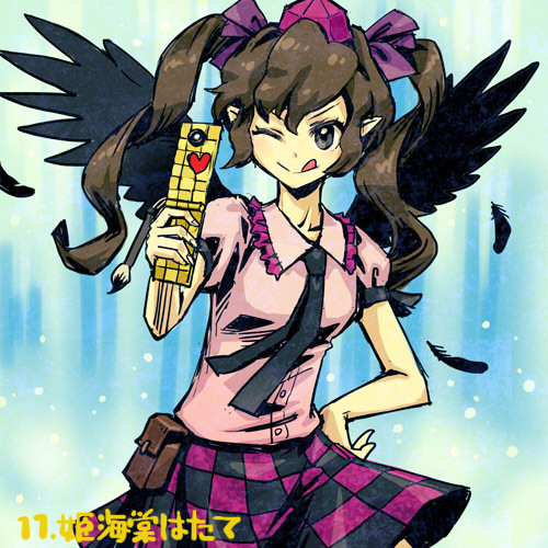 1girl black_eyes black_necktie black_wings brown_hair cellphone checkered checkered_skirt feathered_wings feathers heart himekaidou_hatate holding licking_lips looking_at_viewer lowres meitei miniskirt necktie one_eye_closed phone pink_shirt pointy_ears pouch puffy_short_sleeves puffy_sleeves shirt short_sleeves skirt solo tongue tongue_out touhou wings