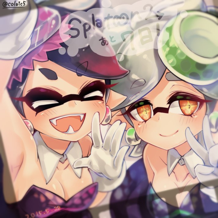 ! +_+ 2girls aori_(splatoon) armpits bare_shoulders black_dress black_hair blush breasts cleavage closed_eyes collarbone conomi-c5 cousins domino_mask dress earrings eyebrows_visible_through_hair fangs gloves grey_hair hair_ornament half-closed_eyes hotaru_(splatoon) jewelry looking_at_viewer mask mole mole_under_eye multiple_girls open_mouth orange_eyes pointy_ears short_eyebrows sleeveless sleeveless_dress smile speech_bubble splatoon strapless strapless_dress symbol-shaped_pupils teeth text twitter_username unitard upper_body v