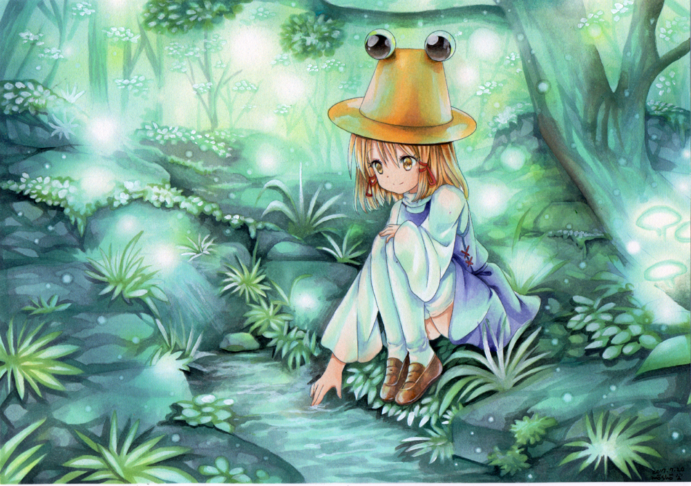 1girl blonde_hair brown_eyes colored_pencil_(medium) forest grass hair_ribbon hat light_particles loafers marker_(medium) moriya_suwako mosho mushroom nature ribbon scenery shoes short_hair sitting smile solo stream thigh-highs touhou traditional_media tree water watercolor_(medium) white_legwear